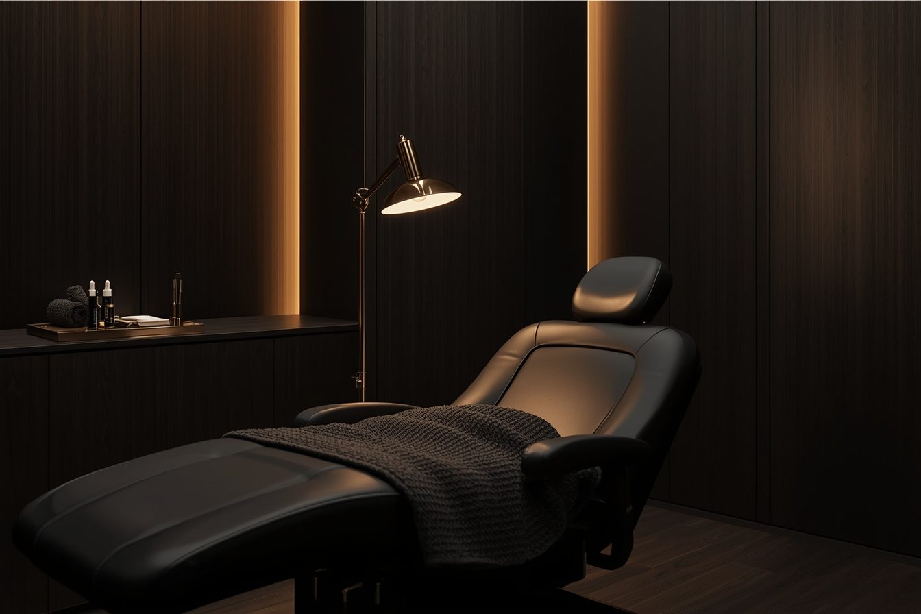 The private treatment room — reclined chair, sterile tool tray, warm lighting